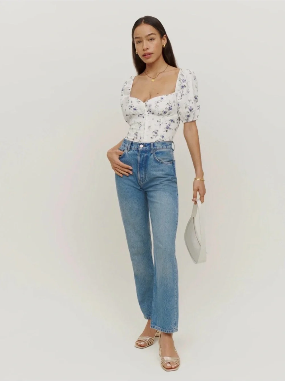 Reformation Cream Linen Top with Blue Floral Print and Puff Sleeves